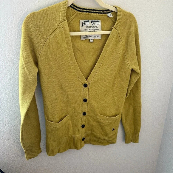 Jack Wills Sweater Jumper Womens Sz 4 Cardigan Button Down Merino Wool Yellow - Picture 1 of 7